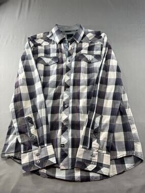 7 Diamonds Men’s Plaid Button Front Shirt Long Sleeve Gray Purple Western  L